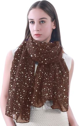Lina & Lily Sparkle Foil Star Print Womens Scarf Shawl Wrap, Shimmer Silver Gold Glitter Lightweight Gift Party (Brown-Silver Stars)