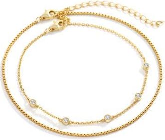 Mint & Lily Bezel Set Diamond Bracelet and Box Chain Bracelet Stacking Set in Gold at Nordstrom