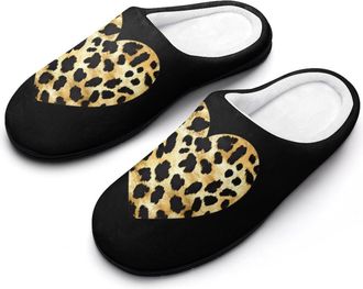 Generic Gold Leopard Skin Heart Cotton Slippers for Women Memory Foam Comfy House Shoes with Anti-Skid Rubber Sole
