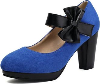 Generic Womens Round Toe Mary Jane Bowknot Decor Block High Heel Pumps Platform Wedding Party Casual Dress Shoes (5.5,Blue)