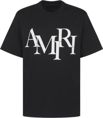 Amiri Tops, Heren, Zwart, M, Katoen, Staggered Logo Tee
