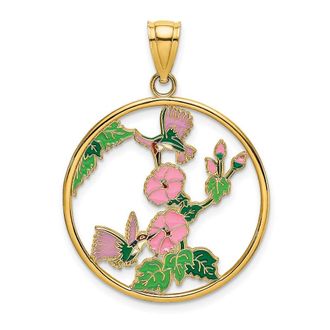 Diamond2Deal 14k Yellow Gold Enamel Hummingbirds Flowers In Circle Charm