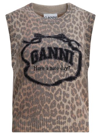 Ganni Wool Vest With Logo Knitwear Marrone-Donna