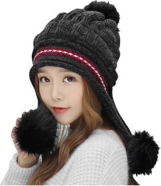 Generic Longra Winter Hats for Women, Fleece Line Beanie Hat with Bobble Pompom Hats Fleece Lined Warm Thermal Hat Knit Crochet Beanie Cap Unisex Cap Gifts fo