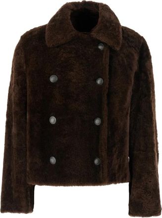 Brunello Cucinelli Cropped Double-Breasted Shearling - Dames - Jassen - Bruin - M - Jassen