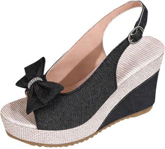 Generic Wedge Sandals for Women Bow Open Toe Ladies Summer Shoes Stylish Breathable Elegant Slingback Casual Comfortable Strappy Sandals Outdoor Leisure