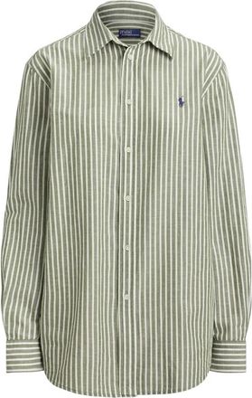 Ralph Lauren Klassiek Passend Gestreept Katoen-Linnen Shirt - Dames - Overhemden - Groen - XS - Katoen - Overhemden