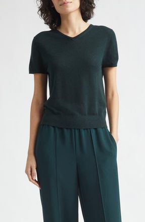 Vince High V-Neck Short Sleeve Wool Sweater in Juniper at Nordstrom, Size Xx-Small