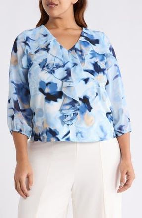 Anne Klein Cascade Ruffle Floral Print Top in Lakeshore at Nordstrom Rack, Size 1 X