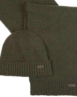 Barbour Mens Hat And Scarf Gift Set Carlton Fleck Olive Acrylic