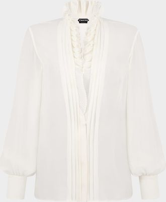 Tom Ford Pleated Puff Sleeve Blouse with Ruffle Trim