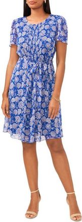 CeCe by Cynthia Steffe Belted Floral Pintuck Pleat Chiffon Dress in Royalblue at Nordstrom, Size Xx-Large