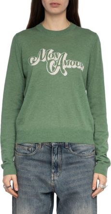 Zadig&Voltaire Miss CP Mon Amour Embellished Cashmere Graphic Sweater in Verveine at Nordstrom, Size X-Small