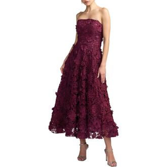 Mac Duggal Floral Lace Strapless A Line Midi Dress in Plum at Nordstrom, Size 12