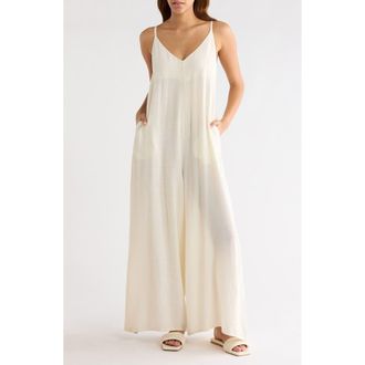 Elan Wide Leg Cotton & Linen Blend Cover-Up Jumpsuit in Off White at Nordstrom, Size X-Small