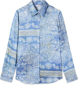 Oltre Geprint shirt van satijn - Dames - Overhemden - Blauw - 2XL - Satijn - Overhemden