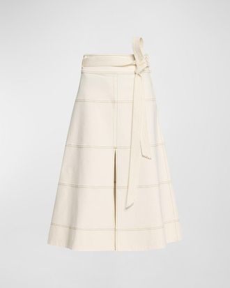 Tanya Taylor Hudson High-Waist Belted Denim Midi Skirt