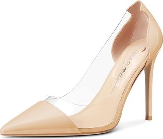 Castamere Womens High Heel Stilettos Clear Slip-on Pumps Court Shoe Close Pointed Toe Cute Classic Wedding Shoes 10 CM Heels Beige 10.5 UK