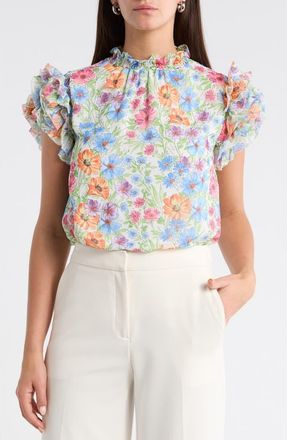 Sugarlips Ezia Brenna Floral Mock Neck Ruffle Sleeve Top in Blue-Pink-Yellow at Nordstrom, Size X-Large