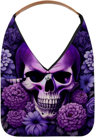 Generic Purple Skull Flower Reusable Lightweight Grocery Bags - Foldable Into Compact Pouch, Washable & Sturdy, Multipurpose for Shopping and Travel