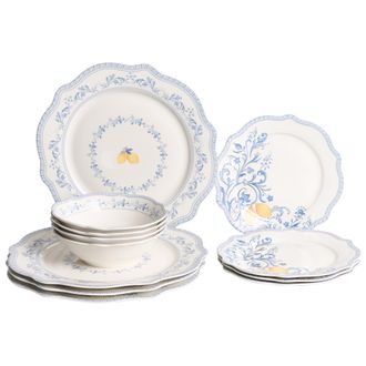Beliani Vajilla De 12 Piezas De Porcelana Acabado Esmaltado Con Dise&ntilde;o De Hojas Para 4 Personas Comedor Cocina Blanco Y Azul Lovage