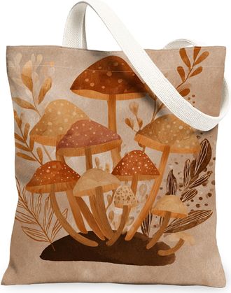 Generic Vintage Mushroom Canvas Tote Bags, Bohemian Nature Print Reusable Bags, Autumn Lightweight Washable Canvas for Outdoor Trav, Brown, 13x15 Inch