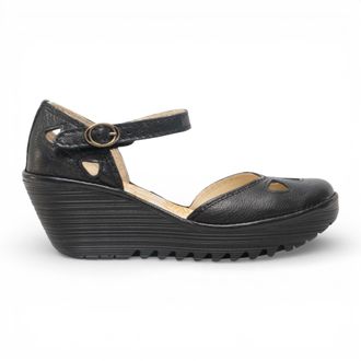 FLY London Fly London Womens Yuna Black Leather Wedge Sandals