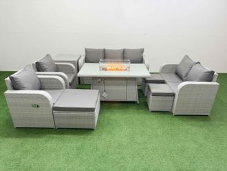 Fimous PE Rattan Garden Furniture Set Reclining Chair Sofa Double Love Seat 2 Seater Sofa Lounge Set Firepit Dining Table 3 Stools Side Table Light