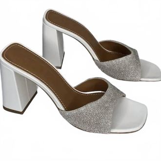 Staud Womens Sloane Beaded High Block Heeled Sandals In White, Tan