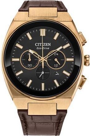 Citizen Axiom Eco-Drive Chronograph Croc Embossed Leather Strap Watch, 43mm in Black at Nordstrom Rack