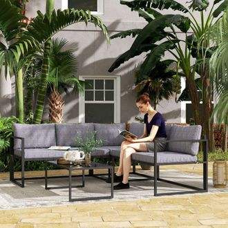 OUTSUNNY 3 Piece L Shaped Garden Furniture Set with Cushions, Grey