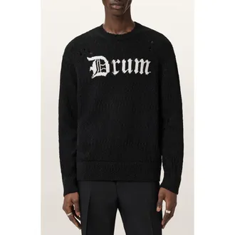AllSaints Drum Roll Intarsia Cotton Crewneck Sweater in Black/chalk White at Nordstrom, Size Xx-Large