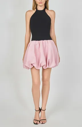 endless rose Mixed Media Halter Neck Bubble Minidress in Black/pink at Nordstrom, Size X-Small