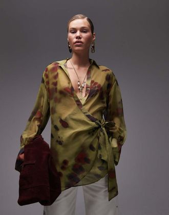 Asos Camicia a portafoglio con scollo profondo in chiffon con stampa tie-dye-Multicolore