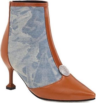 Generic Womens Patchwork Ankle Boots PU Leather Houndstooth Denim Pointed Toe Block Heels Comfortable Non Slip Durable for Daily Wear Street Fashion Party,Bro