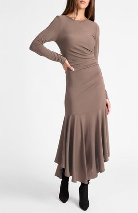 Santorelli Abigail Long Sleeve Hi Lo Dress In Fluid Jersey in Taupe at Nordstrom, Size 10