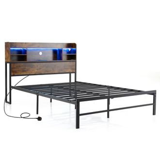 Costway Costway Double Size Bed Frame w/LED Lights&Charging Station Metal Platform Bed in Brown