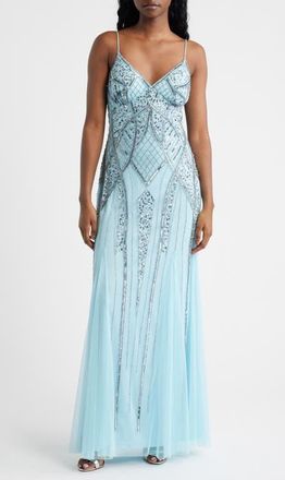 Jump Apparel Beaded A-Line Gown in Aqua at Nordstrom, Size 13