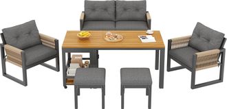 STILVORA Conjunto De Jard&iacute;n Con 1 Sof&aacute; De 2 Plazas, 2 Sillones Y 1 Mesa Desmontable, Para Terraza, Hierro, Poli&eacute;ster Y Madera Pl&aacute;stica, Gris Y Natural