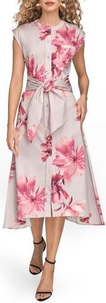 DKNY Floral Tie Front Cap Sleeve Stretch Cotton Shirtdress in Pink Sands Multi at Nordstrom, Size X-Small