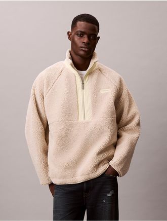Calvin Klein Mens Sherpa Roll Neck Quarter Zip Sweatshirt - Beige - M