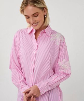 Esqualo Frynn Flower Patch Striped Blouse In Pink White