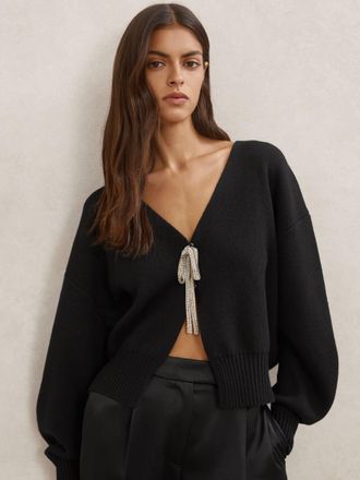 Reiss Black Wool-blend Crystal-bow Cardigan With Cashmere, XS
