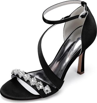 Generic Womens Bridal Satin Stiletto Sandals Dress Weddin Heel Formal Rhinestone Evening High Heels 9.5Cm,Black,10 UK