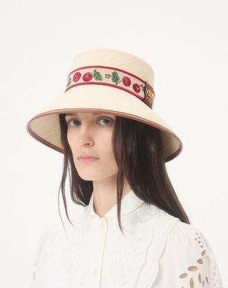 Valentino Garavani Cappello Bucket Cherryfic In Paglia Con Profilo In Pelle E Nastro Cherryfic Donna NATURALE/SELLERIA 56