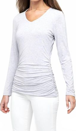 Kinross Cashmere Bamboo Ruched Long Sleeve Vee Top In Gris