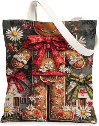 Generic Christmas Gingerbread Canvas Tote Bags, Floral Design Reusable Grocery Bags, Winter Lightweight Washable Shoulder Strap for, Brown, 13x15 Inch