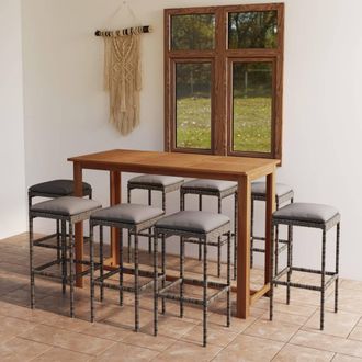 vidaXL Set De Bar Para Jard&iacute;n 9 Piezas Y Cojines Rat&aacute;n Sint&eacute;tico Gris Vidaxl