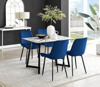 Furniturebox Carson White Marble Effect Dining Table & 4 Pesaro Black Leg Chairs in Navy