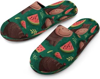 Generic Hippo And Watermelon Mens Cozy Memory Foam Slippers Warm Cotton House Shoes Comfy Slipper for Indoor Outdoor